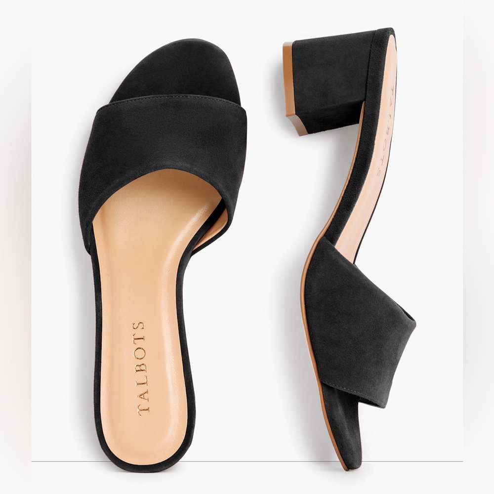 Talbots Black Suede Block Heel Slide Sandals